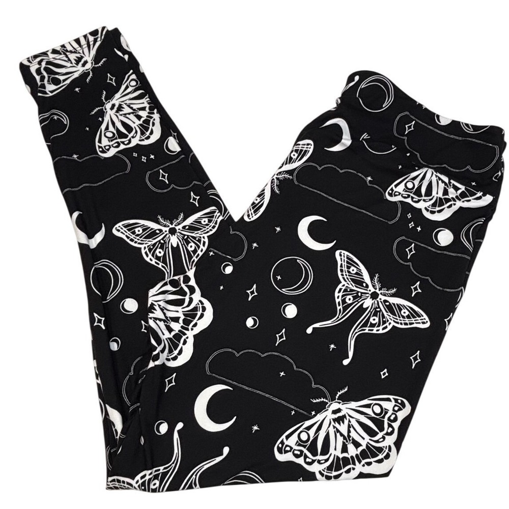 LuLaRoe Womens Leggings Size TC2 Black White Moth Moon Celestial Plus 18+ NWT